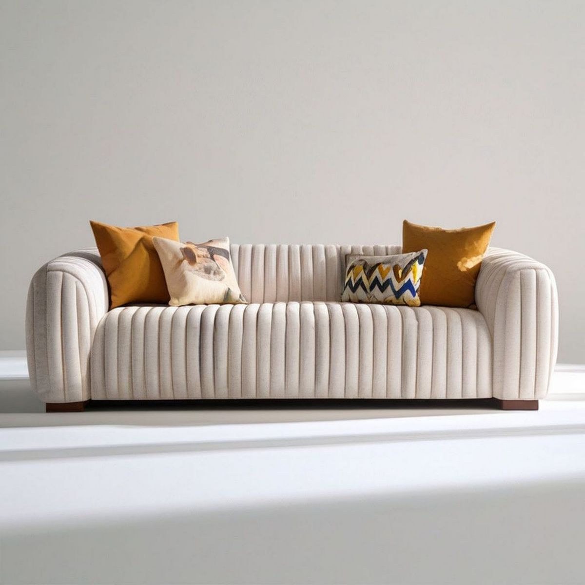 3-Sitzer-Sofa in Creme, 220 x 90 x 78 cm, gerippte Samtpolsterung