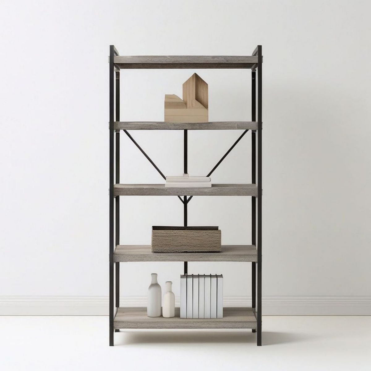 Bücherregal mit 5 Ablagen, 80 x 30 x 180 cm, Grau/Schwarz, Spanplatte und Stahl