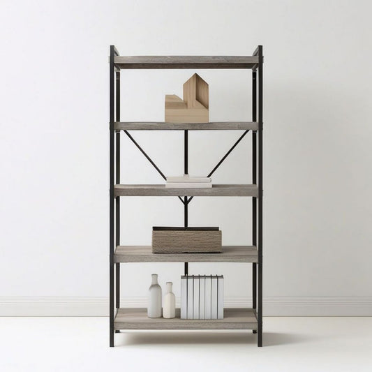 Bücherregal mit 5 Ablagen, 80 x 30 x 180 cm, Grau/Schwarz, Spanplatte und Stahl