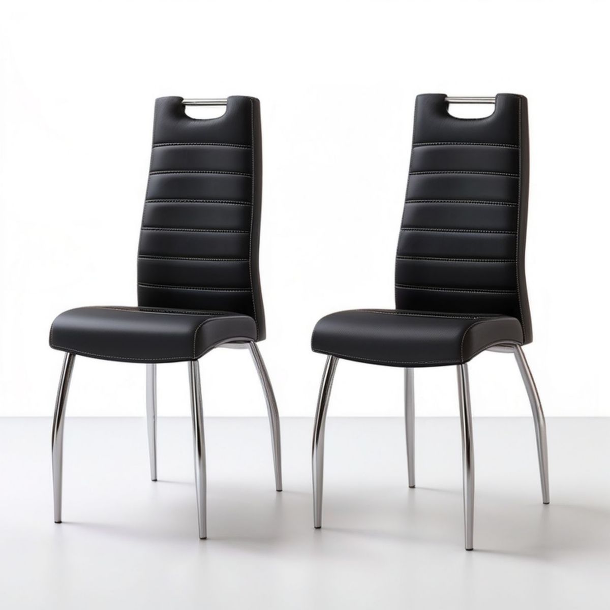 2er-Set Esszimmerstühle Schwarz/Silber aus PU-Kunstleder und verchromtem Stahl, 43 x 55 x 102 cm