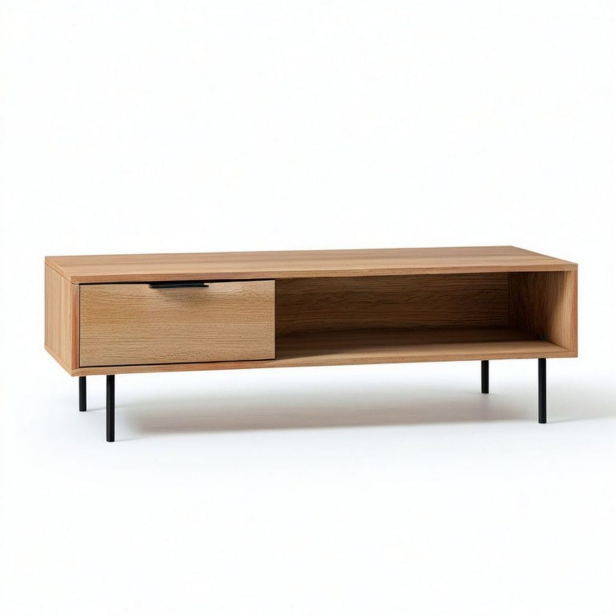 Rechteckiger Couchtisch 120 x 40 x 45 cm in Eiche natur/Schwarz mit Schublade und offenem Fach