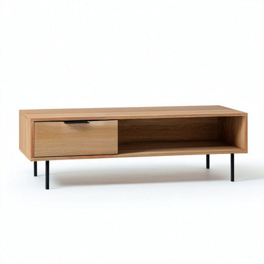 Rechteckiger Couchtisch 120 x 40 x 45 cm in Eiche natur/Schwarz mit Schublade und offenem Fach