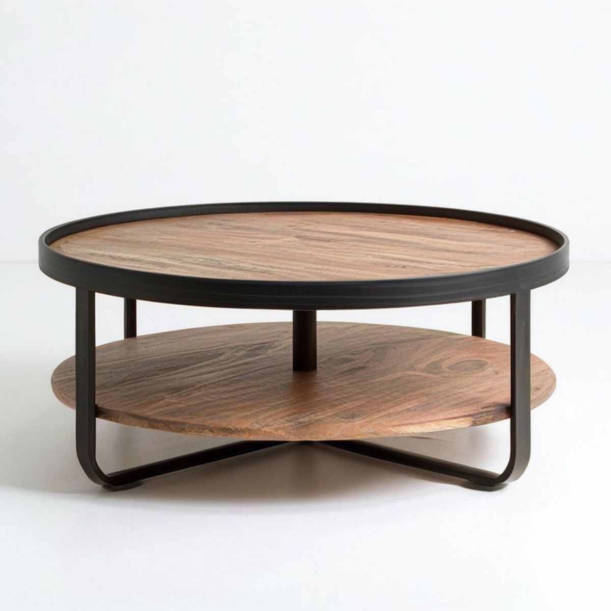 Runder Wohnzimmertisch mit Ablage, 90 x 90 x 45 cm, Braun/Schwarz
